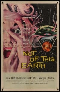 8s128 NOT OF THIS EARTH 1sh 1957 classic close up art of screaming Beverly Garland & alien monster!