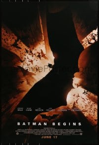 8w080 BATMAN BEGINS advance 1sh 2005 June 17, image of Christian Bale in title role flying w/bats!