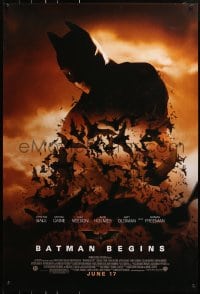 8w083 BATMAN BEGINS advance DS 1sh 2005 June 17, image of Christian Bale's head and cowl over bats!