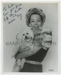 8y626 ANDREA KING signed 8x10 REPRO still 1979 happy portrait holding her cute dog Puff the Poodle!