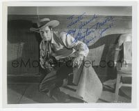 8y679 CLAYTON MOORE signed 8x10 REPRO still 1980s great close up with gun as outlaw Jesse James!