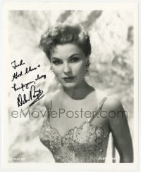 8y693 DEBRA PAGET signed 8x10 REPRO still 1980s waist-high portrait in sexy low-cut sparkling dress!