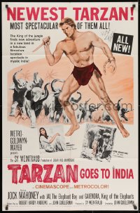 8y033 TARZAN GOES TO INDIA signed 1sh 1962 by Jock Mahoney, art of him as the King of the Jungle!