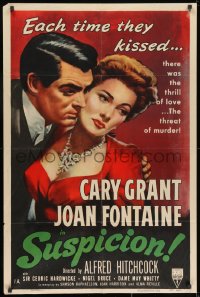 8z849 SUSPICION 1sh R1953 Alfred Hitchcock, art of Cary Grant & Joan Fontaine in embrace, rare!