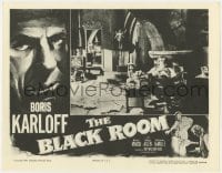 9b089 BLACK ROOM LC R1955 creepy Boris Karloff leaning back in chair eating a pear!