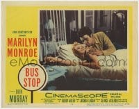 9b126 BUS STOP LC #5 1956 close up of Don Murray holding sexy naked Marilyn Monroe in bed!