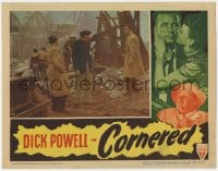 9b172 CORNERED LC 1946 Dick Powell with men by rubble of a destroyed village, film noir!