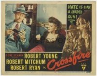 9b187 CROSSFIRE LC #8 1947 Marlo Dwyer watches Robert Young look through wallet, classic film noir!