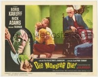 9b223 DIE, MONSTER, DIE LC #7 1965 Boris Karloff in wheelchair glares at Nick Adams & Susan Farmer!