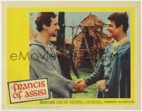 9b281 FRANCIS OF ASSISI LC #6 1961 c/u of happy Bradford Dillman & Stuart Whitman shaking hands!