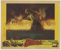 9b308 GODZILLA LC #7 1956 cool c/u of the Gojira in water by flames, Toho rubbery monster classic!