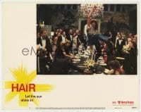 9b328 HAIR LC #5 1979 hippie Treat Williams running across massive table at fancy dinner!