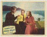 9b419 JOHNNY ALLEGRO LC #5 1949 man smiling at George Raft & Nina Foch sitting in back of boat!