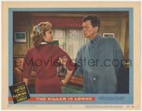 9b438 KILLER IS LOOSE LC #6 1956 close up of Joseph Cotten grabbing Rhonda Fleming by the arm!