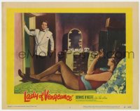 9b466 LADY OF VENGEANCE LC #5 1957 man in suit finds sexy smoking girl in fishnets on his bed!