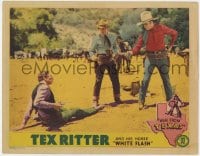 9b550 MAN FROM TEXAS LC 1939 cowboy Tex Ritter pointing gun at armed bad guy on the ground!
