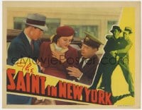 9b733 SAINT IN NEW YORK LC 1938 c/u of Louis Hayward & cab driver helping stricken Kay Sutton!