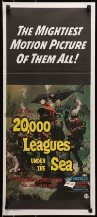9c523 20,000 LEAGUES UNDER THE SEA Aust daybill R1970s art of Jules Verne's deep sea divers!