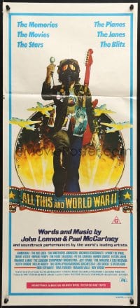 9c534 ALL THIS & WORLD WAR II Aust daybill 1977 Lennon & McCartney, hippie w/gas mask & bombers art