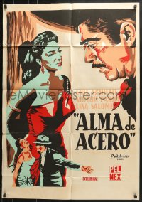 9c200 ALMA DE ACERO export Mexican poster 1957 cool close-up artwork of top cast in intense moments!