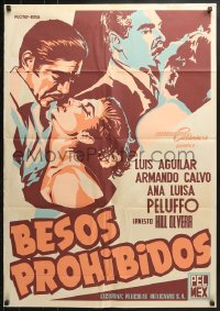 9c205 BESOS PROHIBIDOS export Mexican poster 1956 Luis Aguilar, romantic silkscreen art of cast!