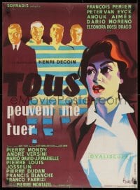 9f832 EVERYBODY WANTS TO KILL ME French 23x31 1957 Peter Van Eyck, Hurel art, purple background!