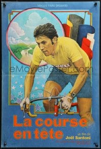 9f961 LA COURSE EN TETE French 16x23 1974 Santoni, art of real life cyclist Eddy Merckx on bike!