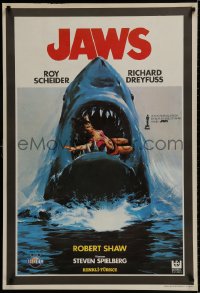 9f040 JAWS Turkish 1981 best different art of classic man-eating shark with sexy girl in mouth!
