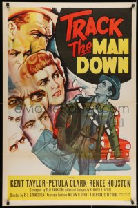 9g966 TRACK THE MAN DOWN 1sh 1956 cool art of detective Kent Taylor tracing footsteps, Petula Clark