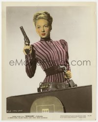 9h090 RENEGADES color 8x10 still 1946 sexy Evelyn Keyes in costume with pistol & gun belt!