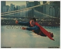 9h099 SUPERMAN color 8x10 still 1978 cool fx scene of costumed Christopher Reeve flying by bridge!