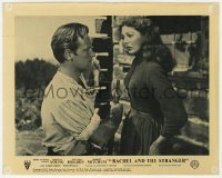 9h770 RACHEL & THE STRANGER English FOH LC 1948 worried Loretta Young by William Holden with rifle!
