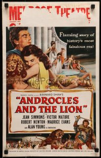 9j020 ANDROCLES & THE LION WC 1952 artwork of Victor Mature holding Jean Simmons in Ancient Rome!