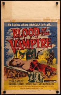 9j045 BLOOD OF THE VAMPIRE WC 1958 he begins where Dracula left off, Joseph Smith horror art!