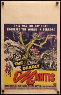 9j073 DEADLY MANTIS WC 1957 art of soldiers attacking giant insect monster by Reynold Brown