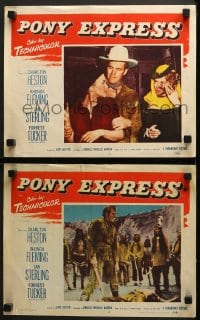 9k933 PONY EXPRESS 2 LCs 1953 Charlton Heston as Buffalo Bill carrying girl w/Forrest Tucker!
