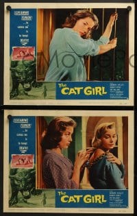 9k101 CAT GIRL 8 LCs 1957 human feline Barbara Shelley, cool border art of huge cat, English horror!
