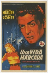 9m143 CRY OF THE CITY Spanish herald 1950 Soligo art of Victor Mature & Shelley Winters, film noir!