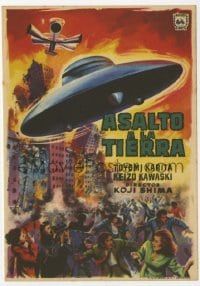 9m510 WARNING FROM SPACE Spanish herald 1957 Japanese, different MCP art of UFO attacking city!