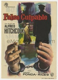 9m524 WRONG MAN Spanish herald 1959 Alfred Hitchcock, different Mac art of Henry Fonda & handcuffs!