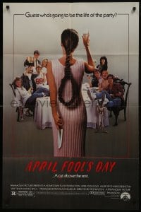 9p081 APRIL FOOL'S DAY 1sh 1986 wacky horror, great image of girl with knife & noose hair!