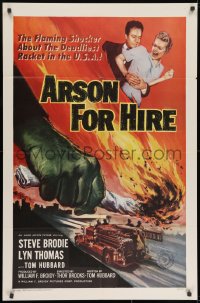 9p082 ARSON FOR HIRE 1sh 1958 best fire truck artwork, flaming shocker of the deadliest U.S. racket