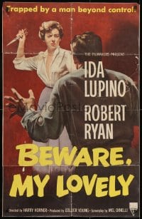 9p103 BEWARE MY LOVELY 1sh 1952 film noir, Ida Lupino trapped by a man beyond control!