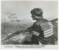 9r499 PETER FONDA signed 8.25x9.5 still 1969 classic image with American flag jacket in Easy Rider!