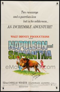 9r015 NAPOLEON & SAMANTHA signed 1sh 1972 by Johnny Whitaker, Disney movie with a real lion!