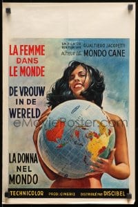 9t613 WOMEN OF THE WORLD Belgian 1963 La Donna nel mondo, sexy topless woman holding globe!