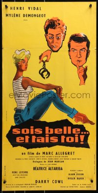 9t230 BE BEAUTIFUL BUT SHUT UP French 15x30 1958 art of sexiest Mylene Demongeot by Bourduge!
