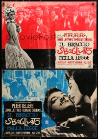 9t903 WRONG ARM OF THE LAW group of 2 Italian 19x26 pbustas 1964 Peter Sellers & underworld!