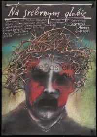 9t806 ON THE SILVER GLOBE Polish 27x38 1987 Pagowski art of man w/thorns & world map on his face!