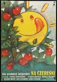 9t815 UP IN THE CHERRY TREE Polish 27x39 1984 wild Wieslaw Watkuski art of happy smiling sun!